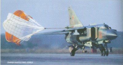 MiG-23 deploying braking parachute